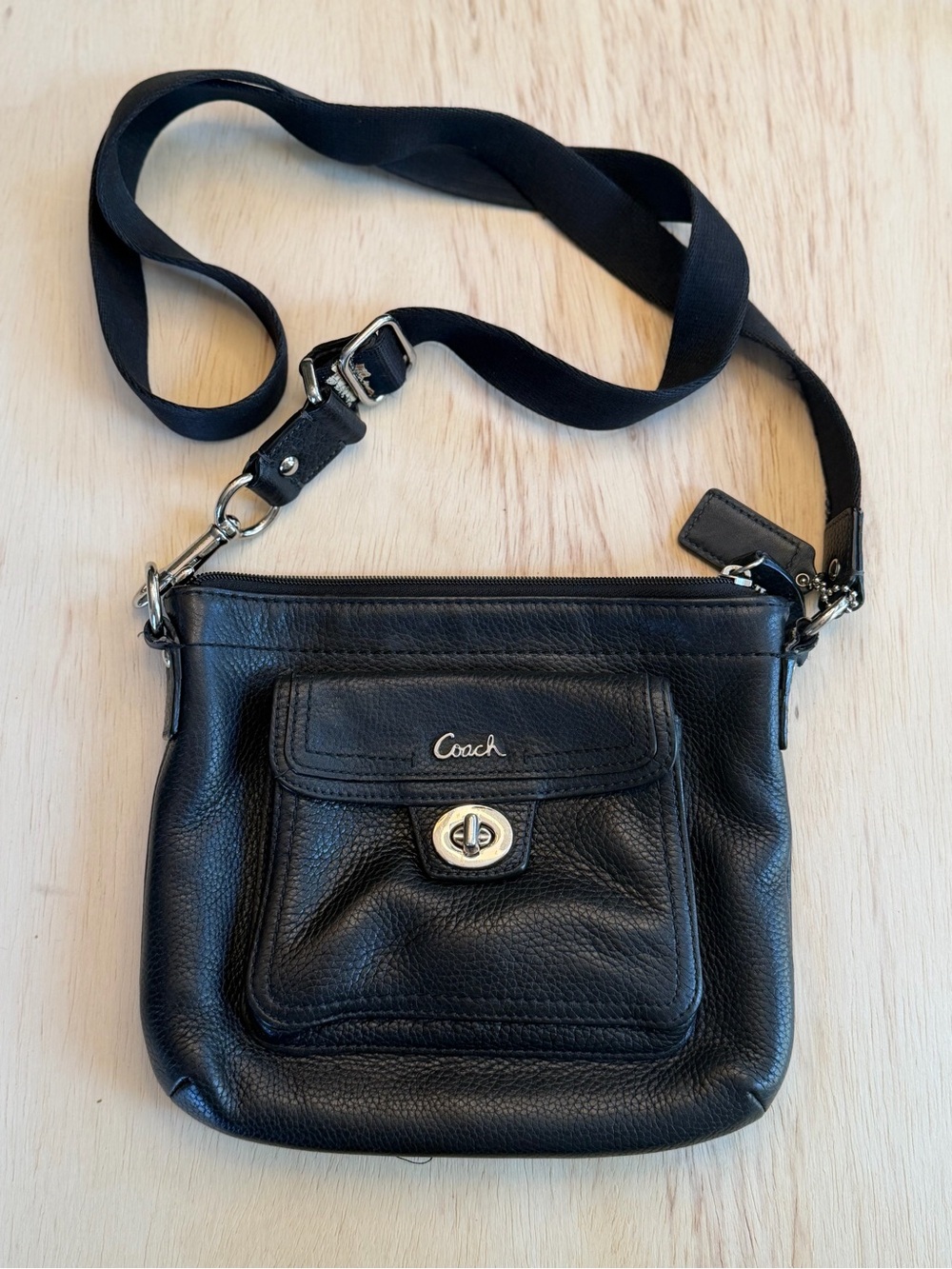 Coach Black Pebbled Leather Crossbody with Turn-Lock Pocket